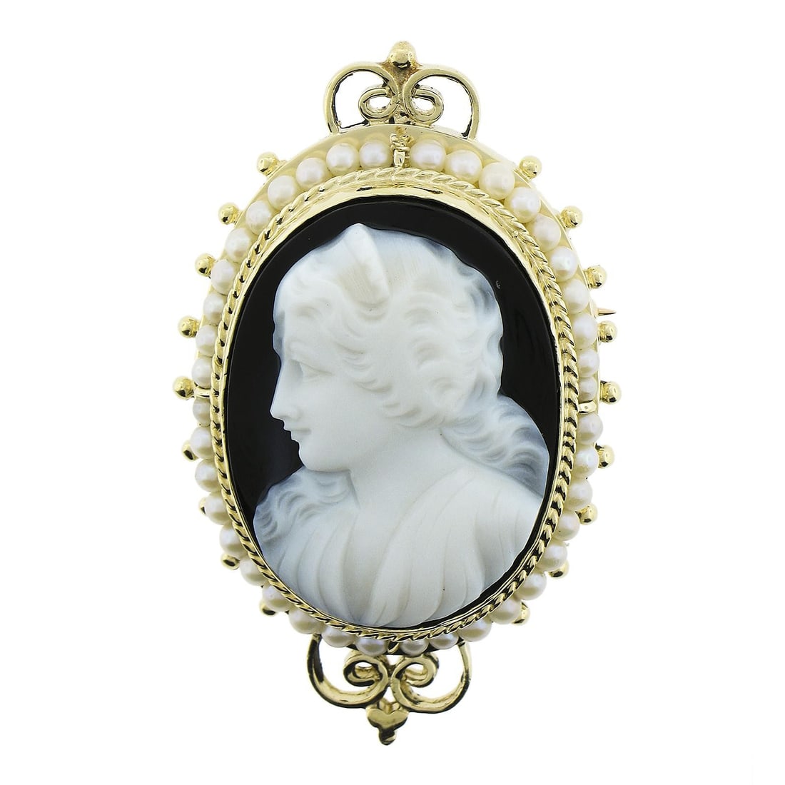 Vintage Victorian Revival 14k Gold Carved Hardstone Pearl Brooch Pendant: Vintage Victorian Revival 14k Gold Carved Hardstone Pearl Brooch Pendant This exquisite Vintage Victorian Revival brooch pendant features a beautifully carved hardstone cameo set in 14k yellow gold. T