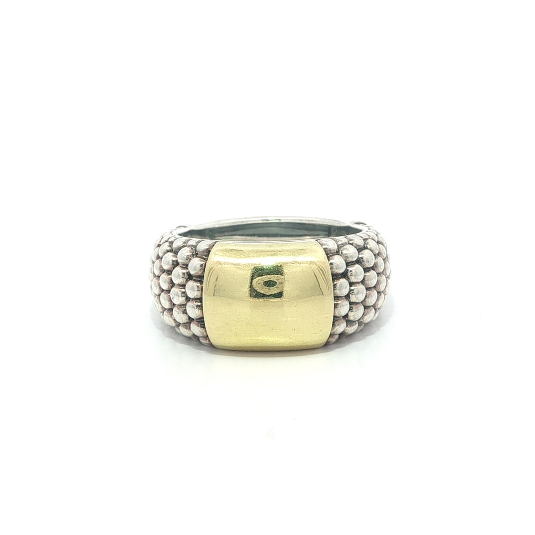 Caviar High Bar Band Ring in Sterling Silver and 18k Gold by Lagos: Caviar High Bar Band Ring in Sterling Silver and 18k Gold by Lagos This Lagos band ring features a distinctive Caviar High Bar design crafted from sterling silver with 18k yellow gold station accents.
