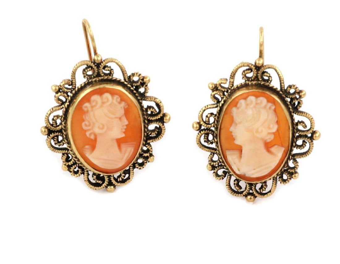 Vintage 14k Yellow Gold Shell Cameo Drop Earrings Unbranded (1 of 6)