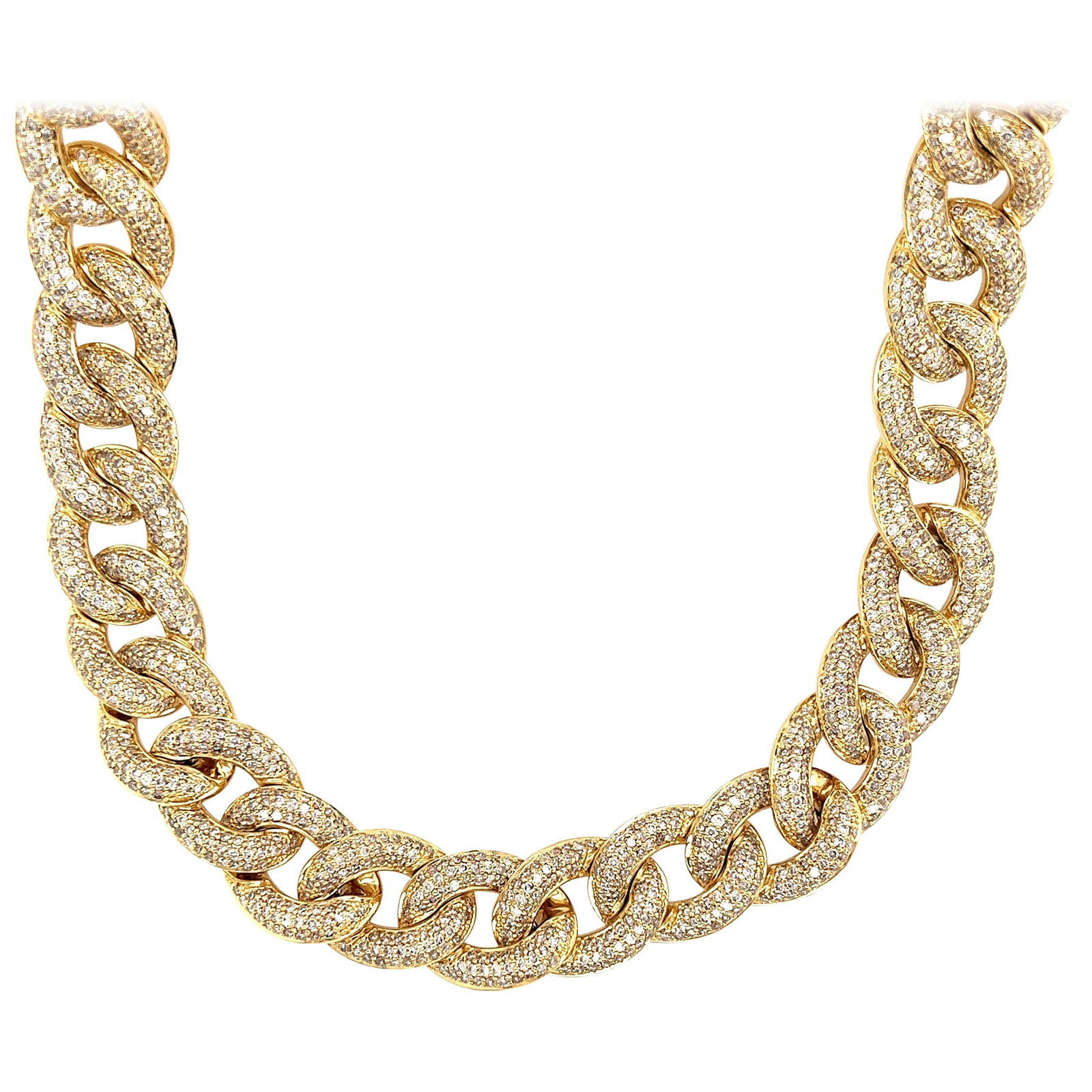 16.39ct Diamond Cuban Link Necklace 18k Yellow Gold GIA Appraisal: 16.39ct Diamond Cuban Link Necklace 18k Yellow Gold GIA Appraisal This exquisite 16.39ct Diamond Cuban Link Necklace is crafted in luxurious 18k yellow gold, featuring a contemporary design that accen