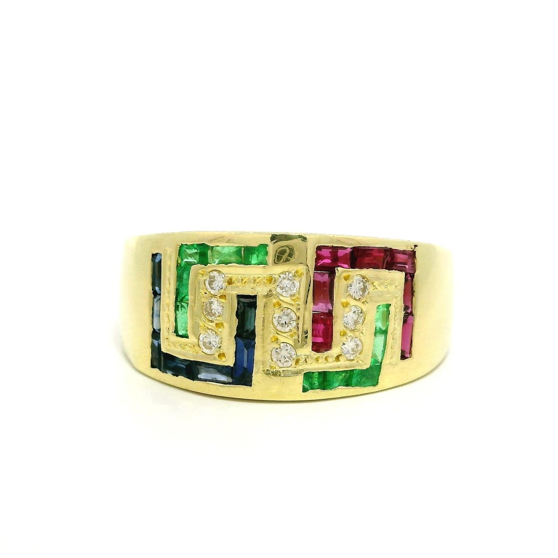 18k Yellow Gold 0.69ctw Diamond Sapphire Ruby Emerald Greek Key Band Ring: 18k Yellow Gold 0.69ctw Diamond Sapphire Ruby Emerald Greek Key Band Ring This exquisite Greek Key Band Ring showcases a stunning combination of natural gemstones set in luxurious 18k yellow gold. Fea