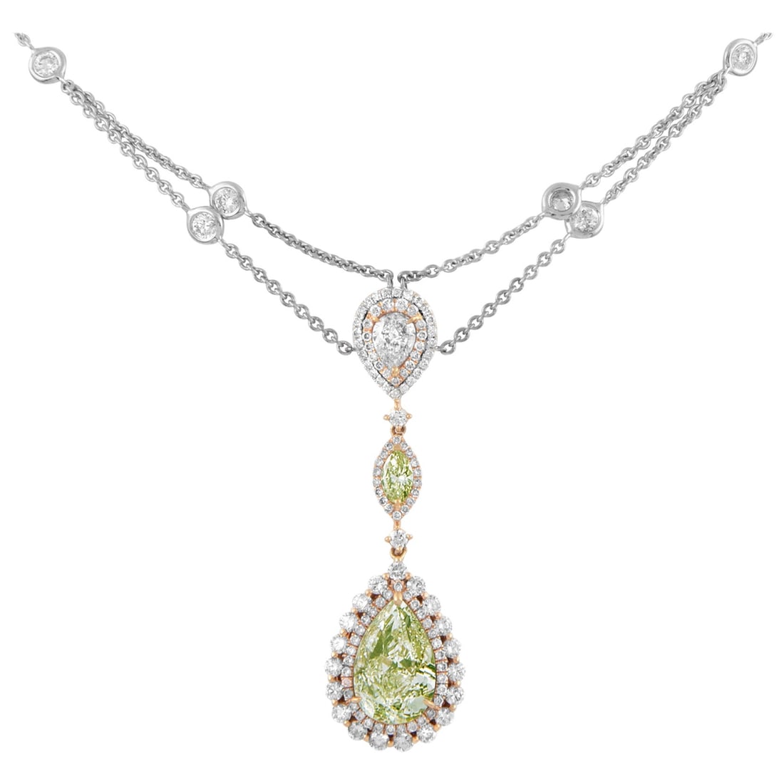 5.97ct GIA Green Yellow Diamond Necklace 18k Gold: 5.97ct GIA Green Yellow Diamond Necklace 18k Gold This exquisite necklace features a stunning 5.97 carat green yellow diamond centerpiece, certified by GIA. The necklace is crafted from 18k two-tone g