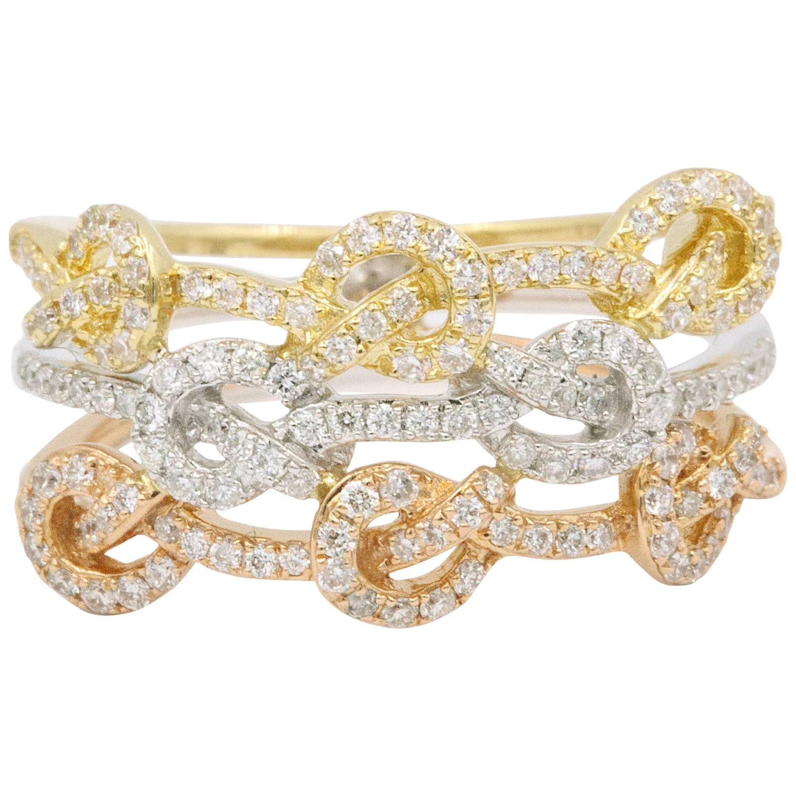 18K Tri-Color Gold Diamond Knot Band Ring 0.49CTW by Harbor Diamonds: 18K Tri-Color Gold Diamond Knot Band Ring 0.49CTW by Harbor Diamonds This exquisite 18K tri-color gold diamond knot band ring showcases a captivating design that beautifully intertwines yellow, rose, 