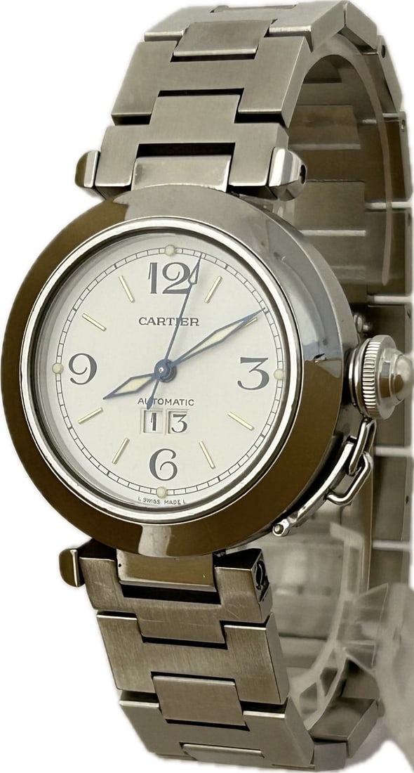 Cartier Pasha C 35mm Swiss Automatic Big Date Watch: Cartier Pasha C 35mm Swiss Automatic Big Date Watch This Cartier Pasha C Big Date wristwatch features a 35mm case and an automatic movement. Designed for unisex wear, it showcases a classic white dial
