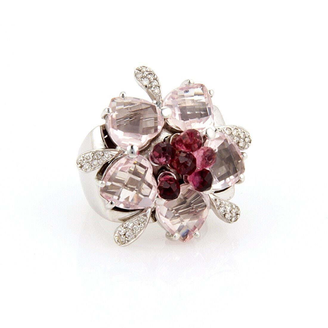 Floral Statement Ring in 18k White Gold with Tourmaline Rose Quartz Diamonds (1 of 4)