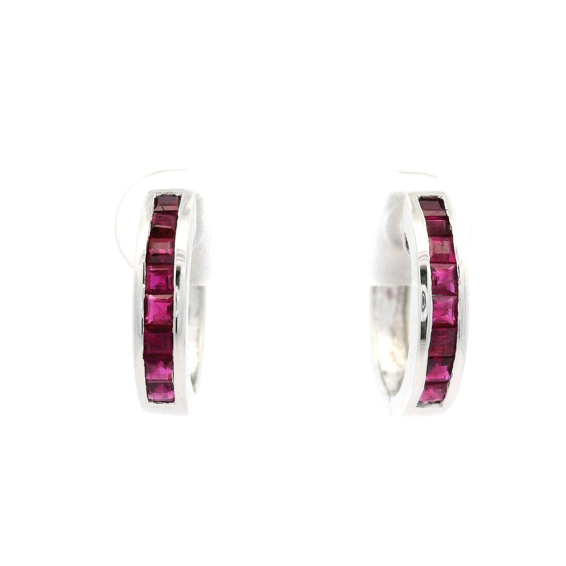 14k White Gold Square Ruby Huggie Hoop Earrings Natural Red Stones: 14k White Gold Square Ruby Huggie Hoop Earrings Natural Red Stones These stunning huggie hoop earrings are crafted from solid 14k white gold and feature a square channel set of twelve natural rubies. 
