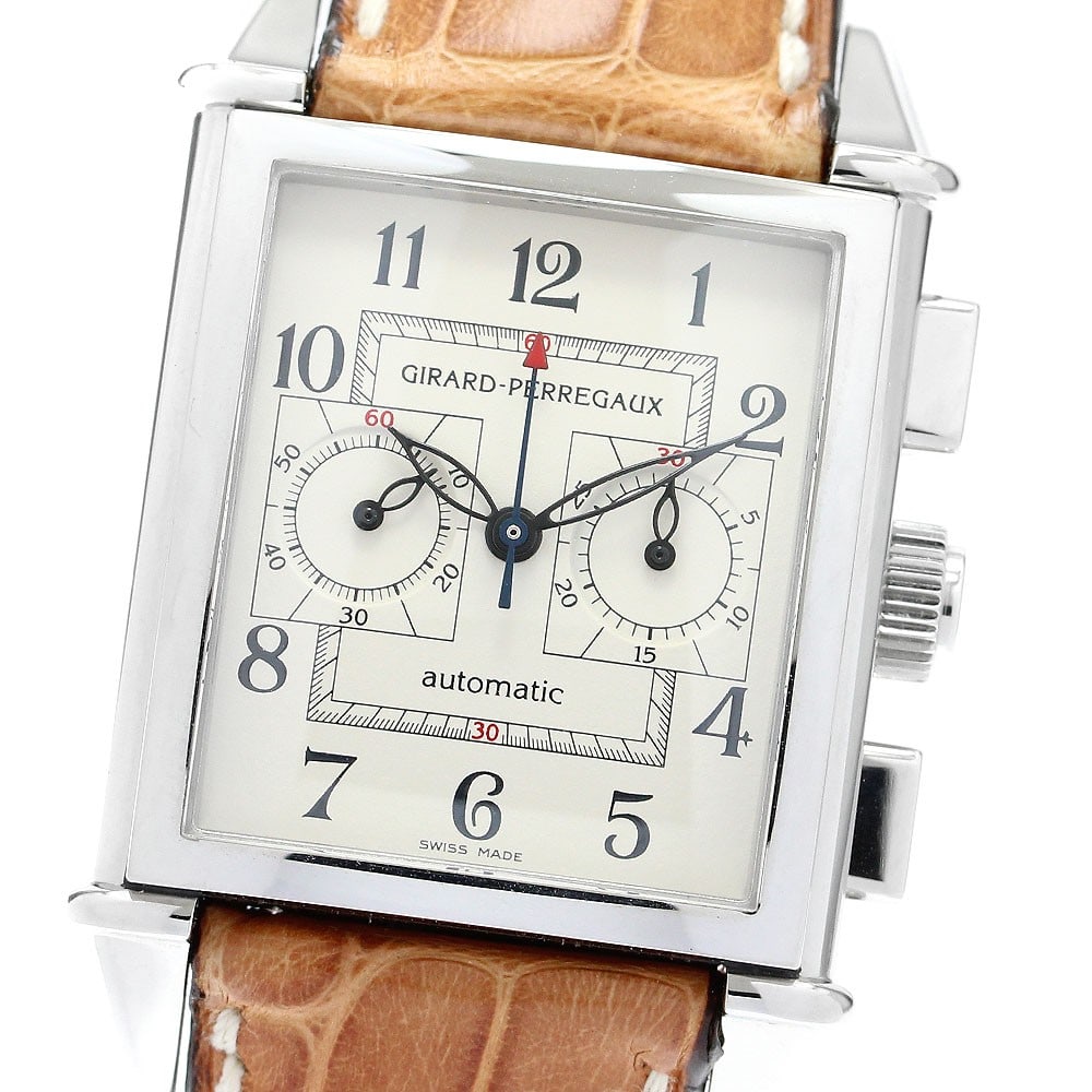 Girard Perregaux Vintage 1945 automatic chronograph men's wristwatch: Girard Perregaux Vintage 1945 automatic chronograph men's wristwatch This Girard Perregaux Vintage 1945 men's wristwatch features a stainless steel case and a beige dial, complemented by a leather str