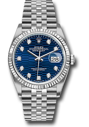 2023 Rolex Datejust 126234 Blue Fluted Diamond Dial Jubilee Bracelet Watch: 2023 Rolex Datejust 126234 Blue Fluted Diamond Dial Jubilee Bracelet Watch This is a Rolex Datejust men's watch, reference 126234. It features a bright blue fluted motif diamond dial, a fluted bezel, 