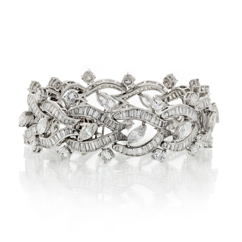 1970s Vintage Platinum Bracelet 30cts Diamond Rounds Marquise Baguette
