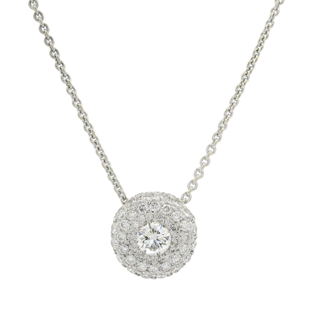 18k White Gold 1.12ct Pave Diamond Round Slide Pendant Necklace: 18k White Gold 1.12ct Pave Diamond Round Slide Pendant Necklace This exquisite adjustable necklace features a stunning round slide pendant adorned with pave-set diamonds, crafted from solid 18k white 