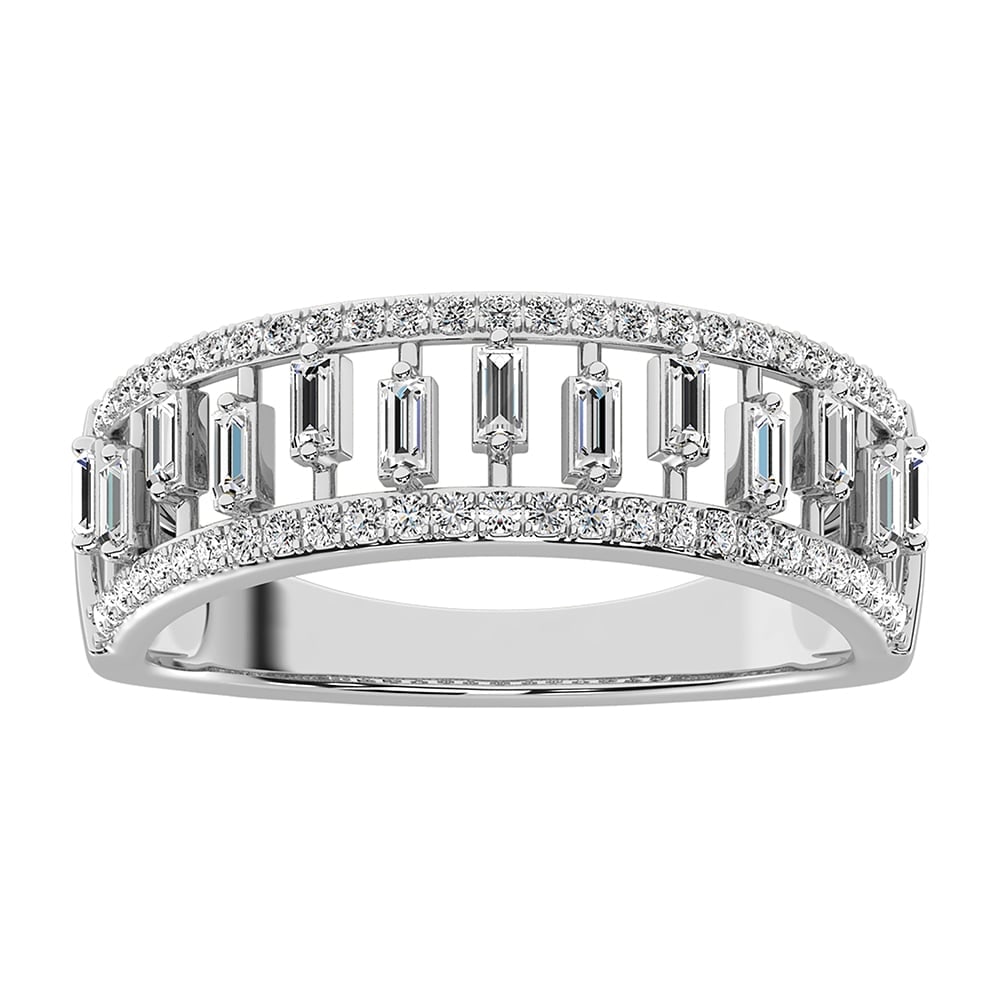 14K White Gold 1/3 Ct.Tw. Diamond Round and Baguette Set Fashion Band: 14K White Gold 1/3 Ct.Tw. Diamond Round and Baguette Set Fashion Band 14k White Gold Stone Color: G-h Stone Clarity: I1 Each ring is presented in standard size 6.5. Complimentary resizing is available