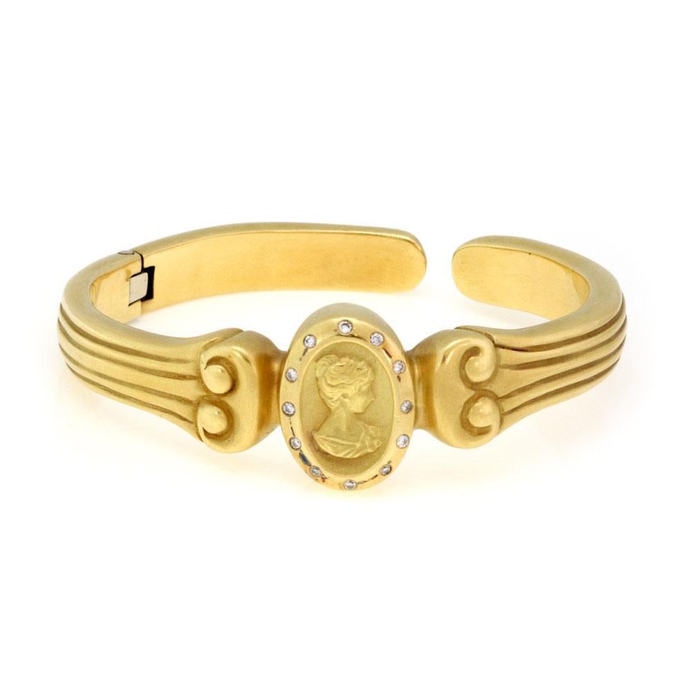Vahe Naltchayan 18k Yellow Gold Diamond Cameo Cuff Bracelet: Vahe Naltchayan 18k Yellow Gold Diamond Cameo Cuff Bracelet This exquisite vintage cuff bracelet, designed by Vahe Naltchayan, showcases a beautiful oval cameo depicting a woman, surrounded by sparkli