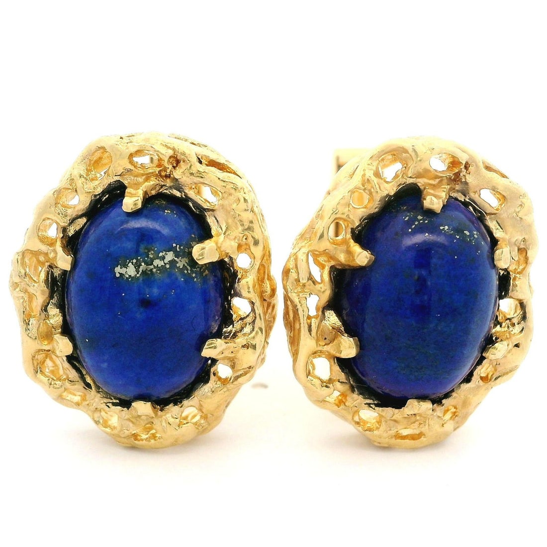 Vintage 14k Yellow Gold Lapis Lazuli Cufflinks Oval Cabochon Design: Vintage 14k Yellow Gold Lapis Lazuli Cufflinks Oval Cabochon Design These exquisite vintage cufflinks showcase the timeless elegance of solid yellow gold, expertly crafted with an open work nugget des