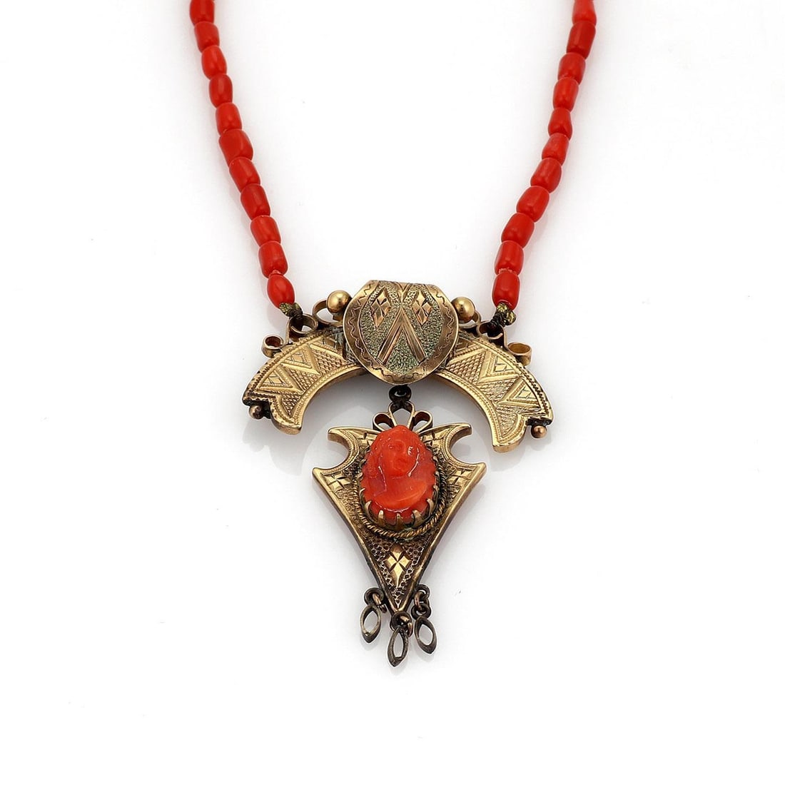 Edwardian 14k Gold Coral Cameo Pendant Necklace with Bead Chain: Edwardian 14k Gold Coral Cameo Pendant Necklace with Bead Chain This exquisite Edwardian necklace showcases a stunning pendant featuring a hand-carved red coral cameo of a woman's face, elegantly fram