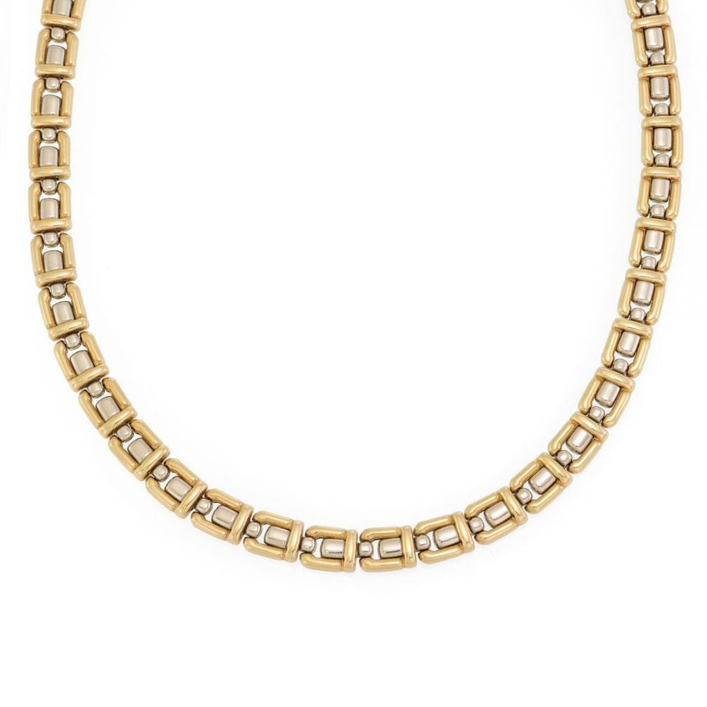 Chimento 18k Two Tone Gold 8mm Fancy Link Collar Necklace: Chimento 18k Two Tone Gold 8mm Fancy Link Collar Necklace This exquisite collar necklace is a stunning piece by Chimento, crafted from luxurious 18k yellow and white gold. The necklace features a uniq