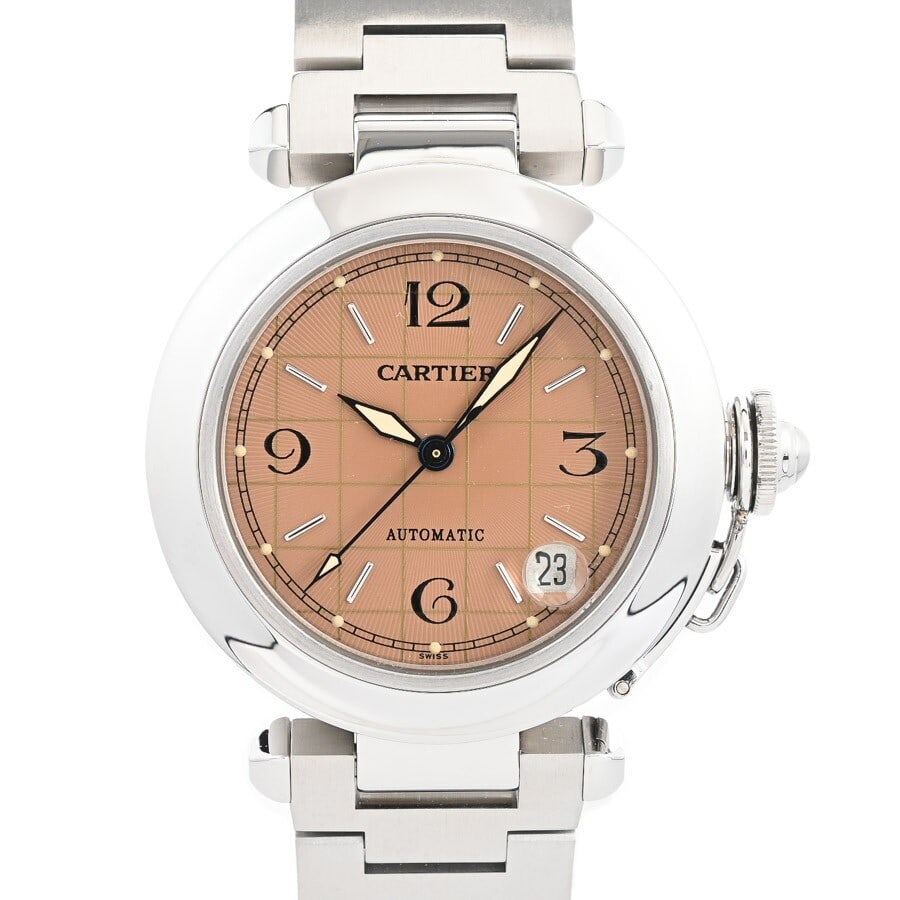 Cartier W31024M7 Pasha C automatic wristwatch pink dial steel: Cartier W31024M7 Pasha C automatic wristwatch pink dial steel Cartier Pasha C wristwatch with a pink dial and stainless steel construction. This pre-owned automatic watch is identified as a unisex mod