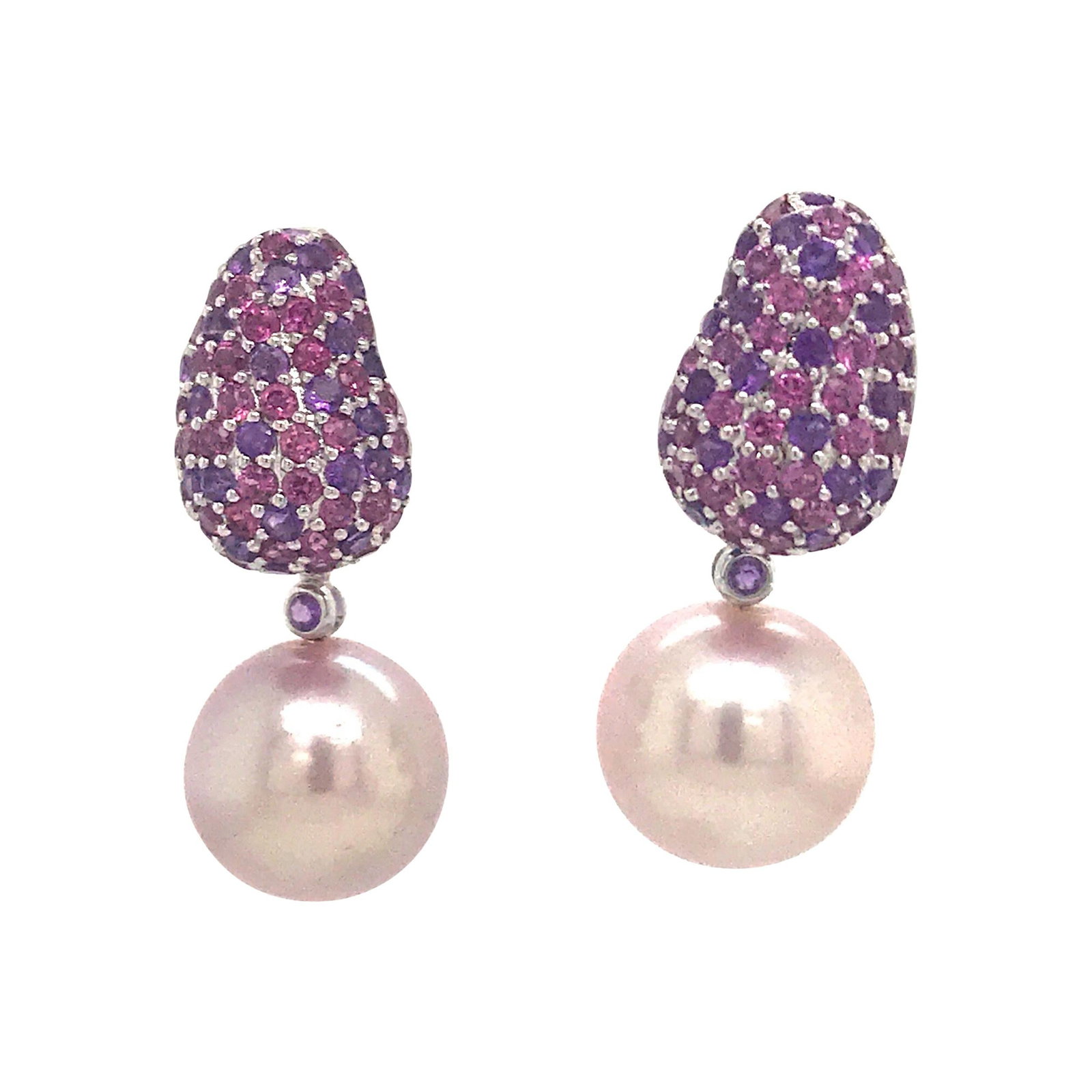 Harbor Diamonds 18K White Gold Drop Earrings Rhodolite Amethyst Freshwater Pearl