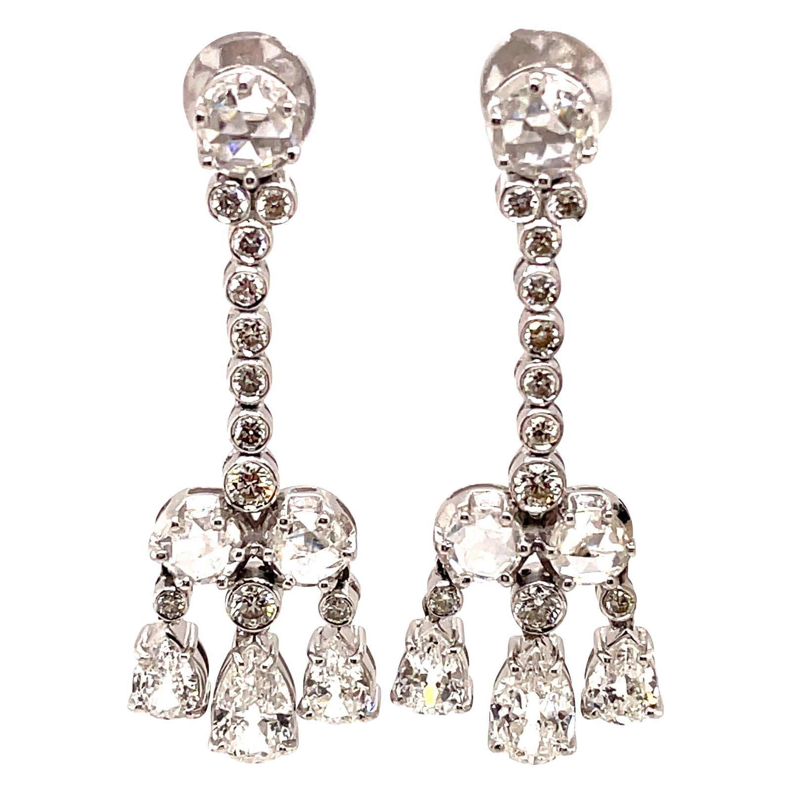Stunning 6.82ct Pear Rose Cut Round Diamond Chandelier Earrings 18k White Gold: Stunning 6.82ct Pear Rose Cut Round Diamond Chandelier Earrings 18k White Gold Elevate your elegance with these stunning chandelier earrings featuring a captivating combination of pear, rose cut, and 