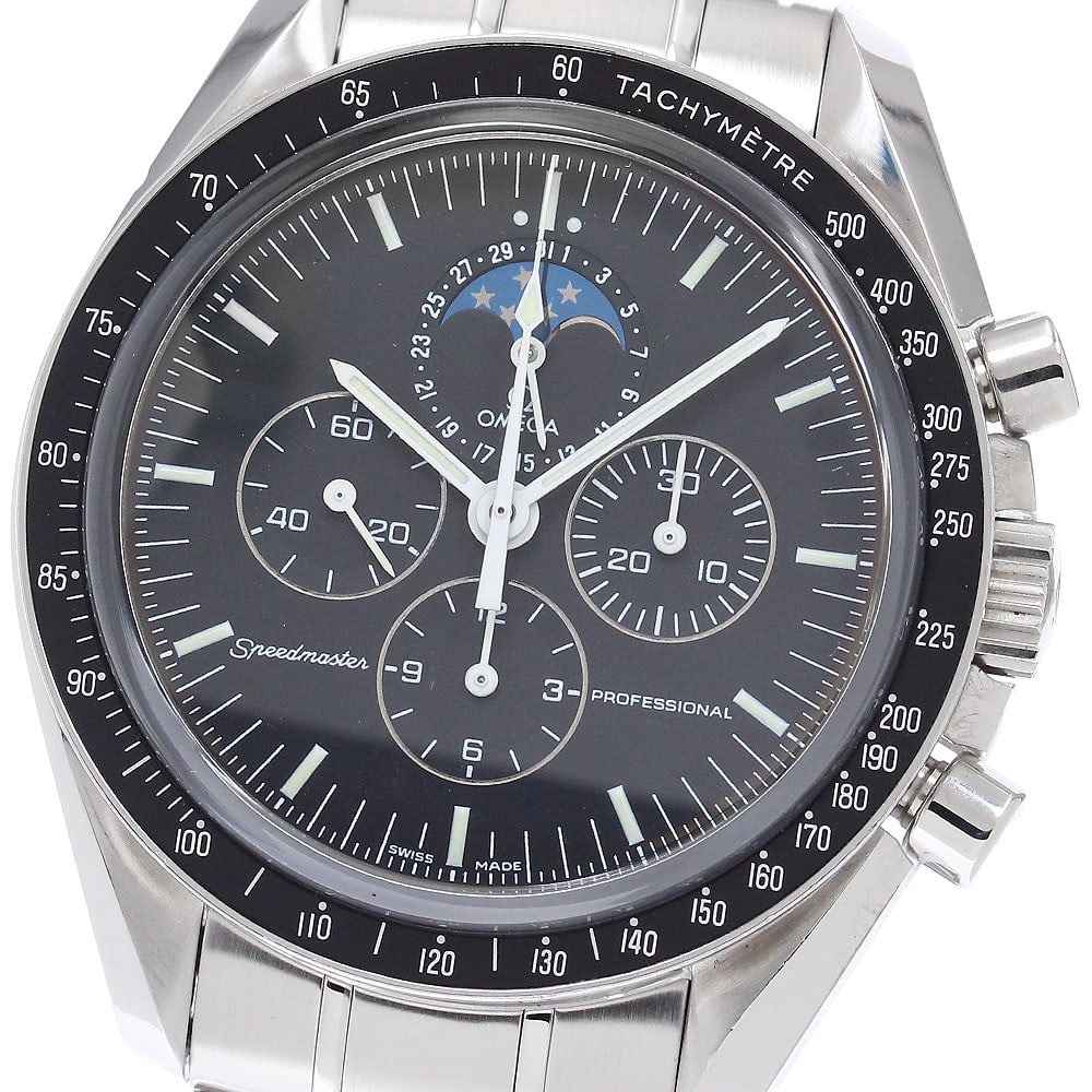 OMEGA Speedmaster Moonphase Men's Wristwatch 3576.50: OMEGA Speedmaster Moonphase Men's Wristwatch 3576.50 This is an OMEGA Speedmaster Professional Moonphase men's wristwatch, model 3576.50. Crafted in Switzerland, this pre-owned watch is designed speci