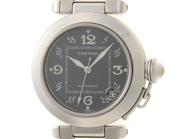 Cartier Pasha C Automatic Men Black Dial Steel Watch: Cartier Pasha C Automatic Men Black Dial Steel Watch This Cartier Pasha C W31043M7 is an automatic wristwatch designed for men. It features a black dial and a silver stainless steel case and bracelet,