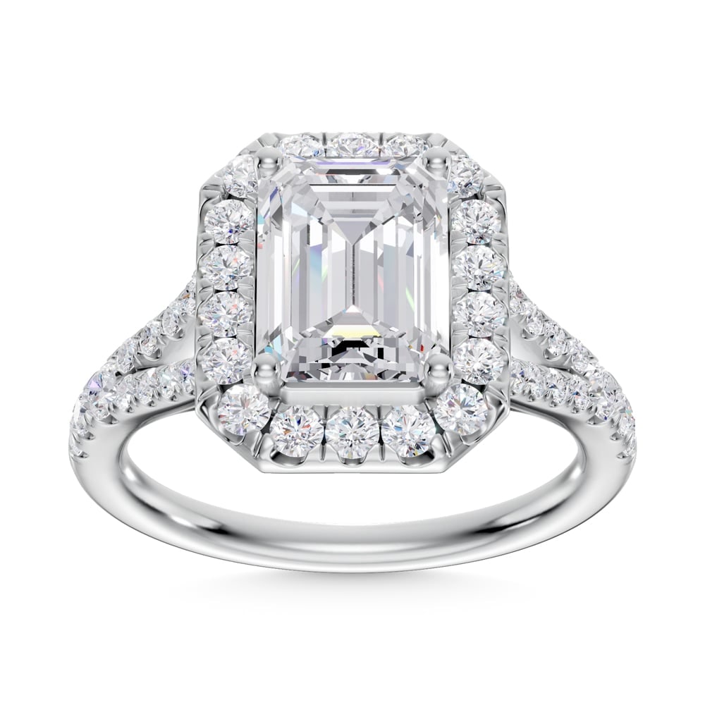 14K White Gold Lab Grown Diamond 2 3/4 Ct.Tw. Emerald Shape Halo Engagement Ring: 14K White Gold Lab Grown Diamond 2 3/4 Ct.Tw. Emerald Shape Halo Engagement Ring Celebrate your forever moment with the timeless brilliance of our Halo Diamond Engagement Ring. This exquisite piece fe