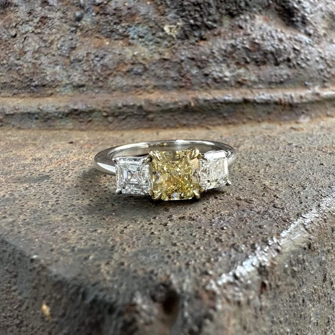 GIA Yellow Diamond Cocktail Ring in Platinum and 18k Gold: GIA Yellow Diamond Cocktail Ring in Platinum and 18k Gold This un-used women's cocktail ring features a natural radiant cut diamond with a GIA-certified 1.15 carat Fancy Intense Yellow color and VS2 c