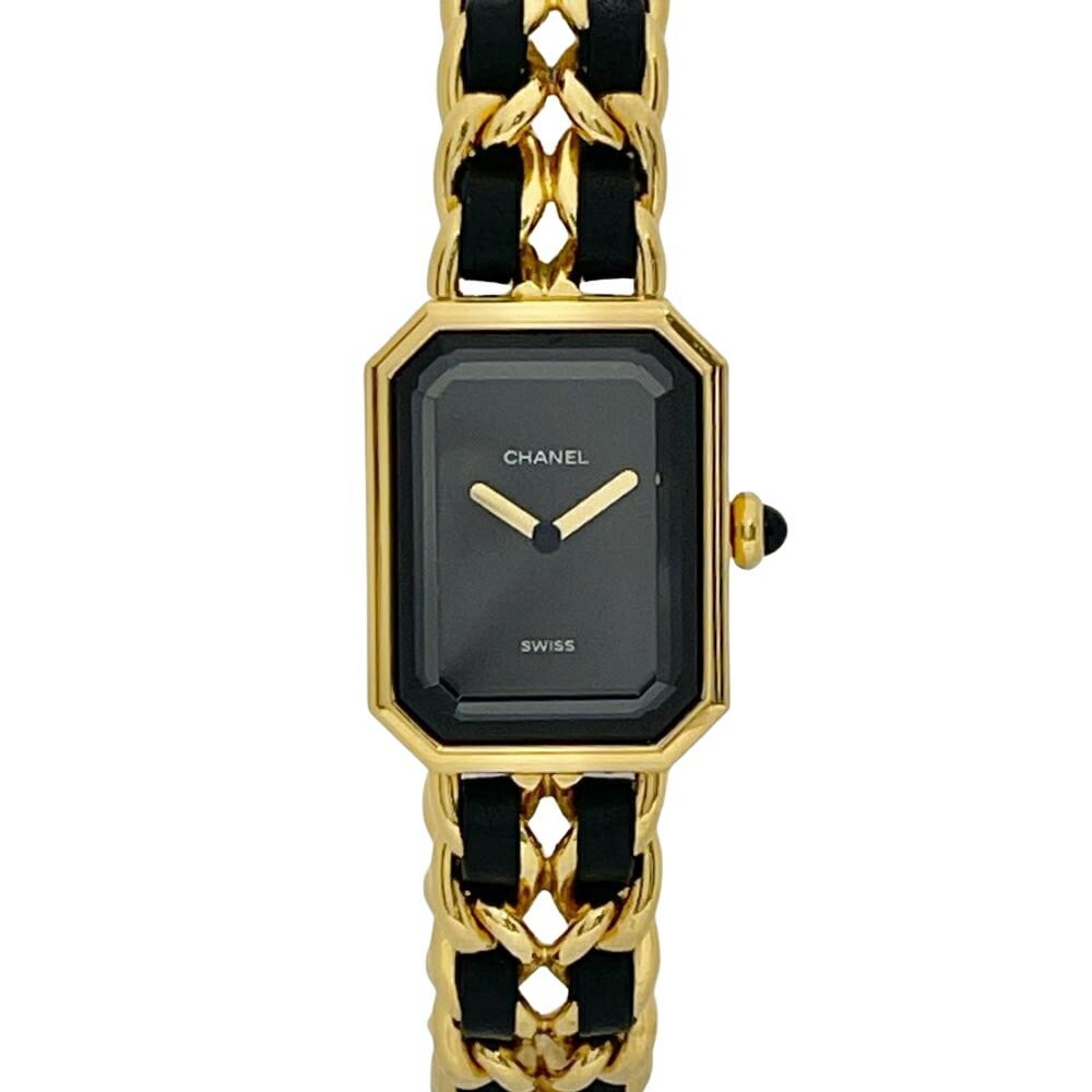 Chanel Premiere XL quartz women s wristwatch black dial GP finish: Chanel Premiere XL quartz women s wristwatch black dial GP finish This is a pre-owned CHANEL H0001 Premiere XL quartz wristwatch featuring a black dial and a gold-plated finish. Designed for women, th