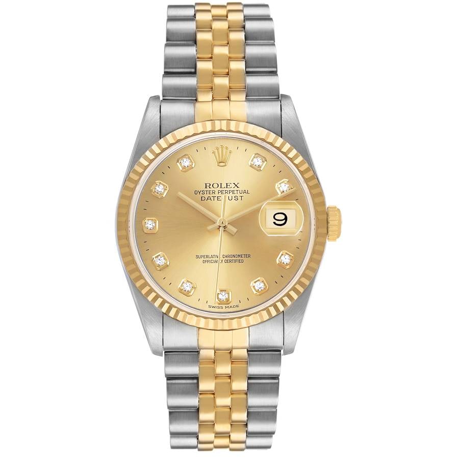 Rolex Datejust Ref 16233G Champagne Diamond Dial D Link Jubilee Bracelet Watch: Rolex Datejust Ref 16233G Champagne Diamond Dial D Link Jubilee Bracelet Watch This Rolex Datejust watch features a champagne diamond factory dial, fluted bezel, and is presented on a D-Link Jubilee b