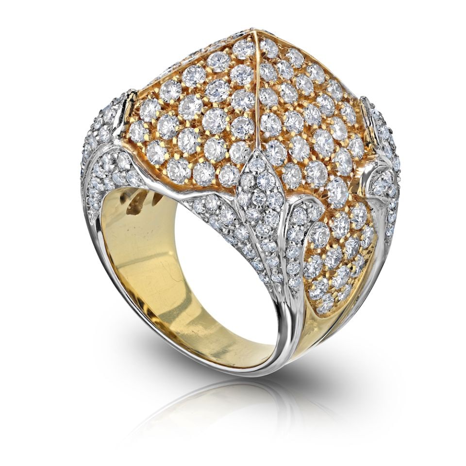 18K Yellow Gold Pyramid Cocktail Ring with 6.5 Cts Diamonds: 18K Yellow Gold Pyramid Cocktail Ring with 6.5 Cts Diamonds This stunning 18K Yellow Gold Pave Diamond Pyramid Cocktail Ring features a unique pyramid design encrusted with approximately 6.5 carats of