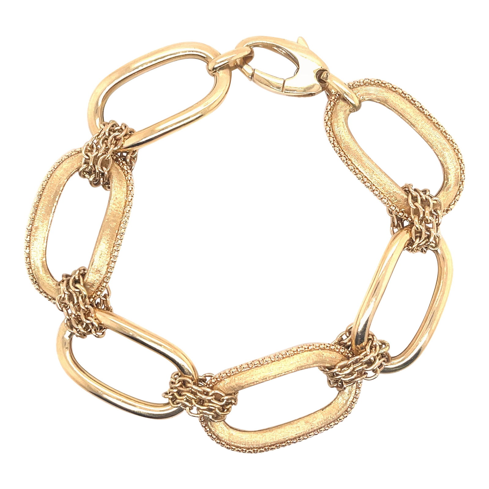 Contemporary 14k Gold Mixed Link Bracelet Italy: Contemporary 14k Gold Mixed Link Bracelet Italy This exquisite bracelet features a contemporary design crafted from 14k gold and weighs 12.17 g. It showcases a unique mixed link style, alternating bet