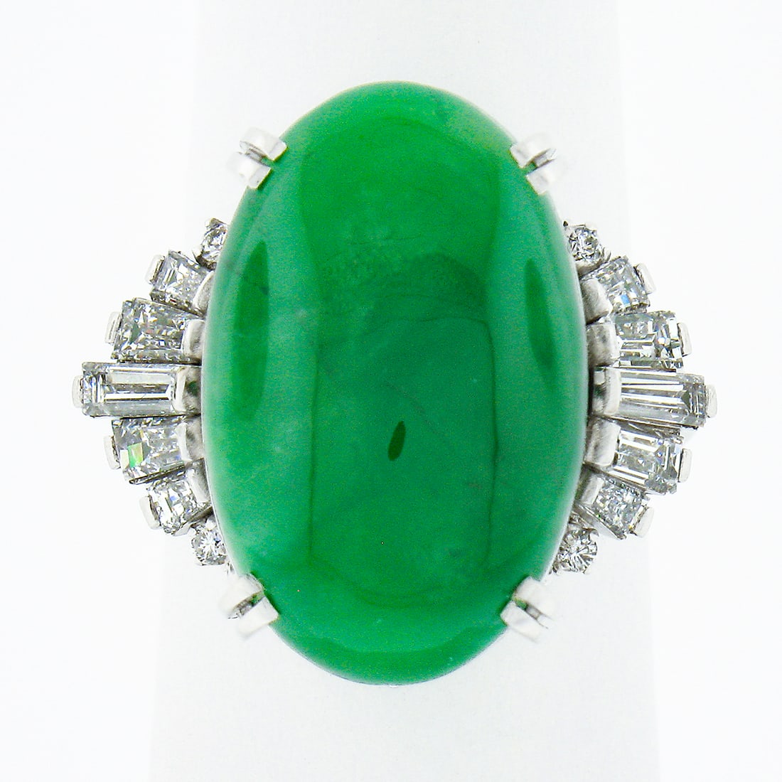 Vintage GIA Certified Oval Green Jade & 0.89ct Diamond Filigree Cocktail Ring Platinum