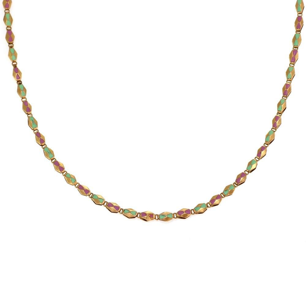 18k Yellow Gold Reversible Enamel Rhombus Necklace Multi-Color Design: 18k Yellow Gold Reversible Enamel Rhombus Necklace Multi-Color Design This exquisite long necklace is meticulously crafted from 18k yellow gold, showcasing a stunning reversible design with rhombus-sh