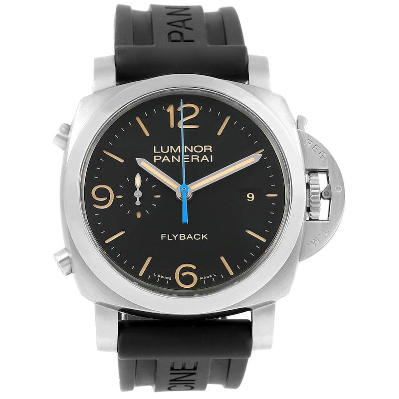 Panerai PAM00524 Luminor 1950 3 Day Chrono Flyback Mens Watch Black Dial: Panerai PAM00524 Luminor 1950 3 Day Chrono Flyback Mens Watch Black Dial Panerai Luminor 1950 3 Day Chrono Flyback men's watch with a black dial, smooth bezel, and rubber band. Reference number PAM005