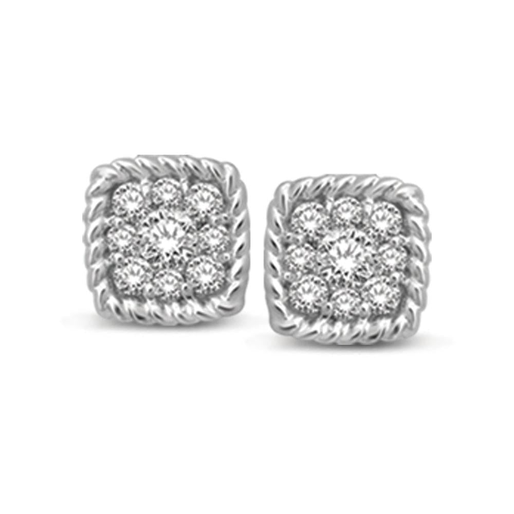 14K White Gold 1/5 Ct.tw Diamond Square Flower Stud Earrings: 14K White Gold 1/5 Ct.tw Diamond Square Flower Stud Earrings These stunning earrings are available in 14K White Gold. There are 18 round diamonds with a total carat weight of 1/5 Ct.Tw. set in a invis