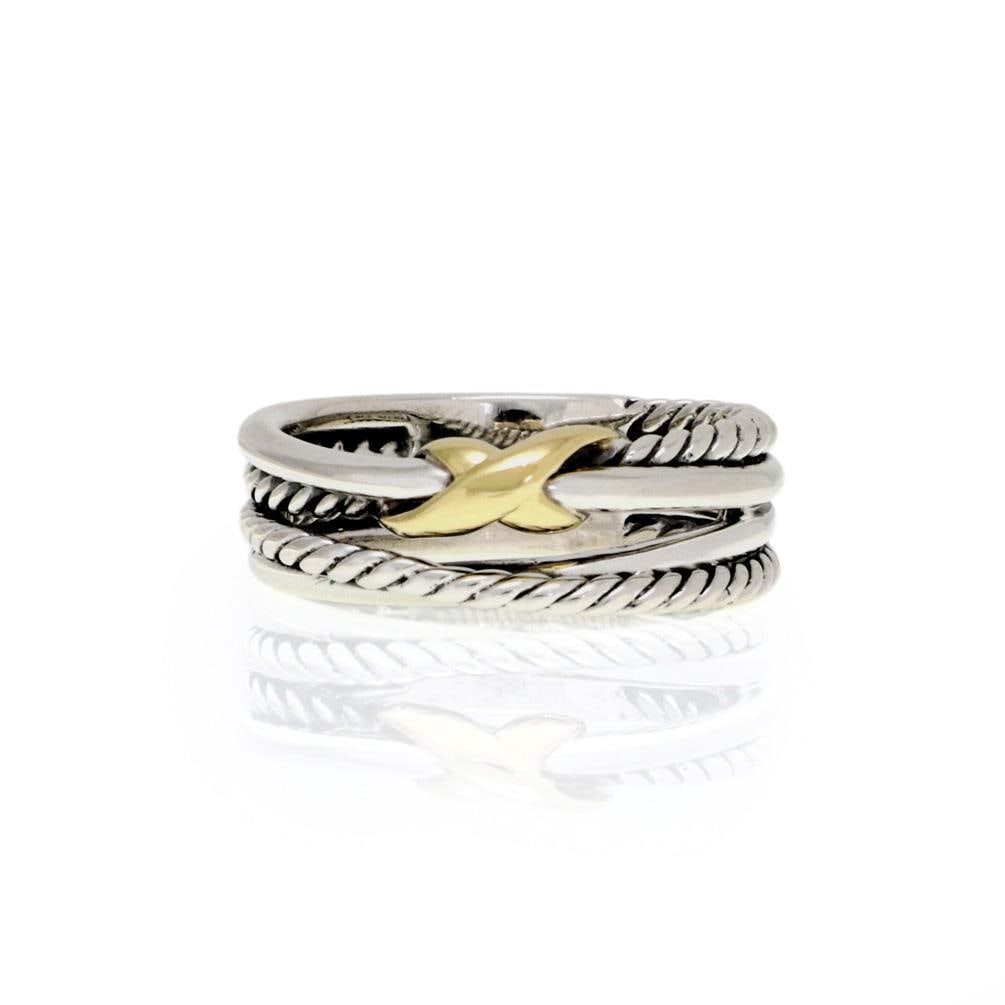 David Yurman Sterling Silver 18k Yellow Gold Crossover Band Ring: David Yurman Sterling Silver 18k Yellow Gold Crossover Band Ring Discover the elegance of this authentic David Yurman band ring, beautifully crafted from sterling silver with accents of 18k yellow gol