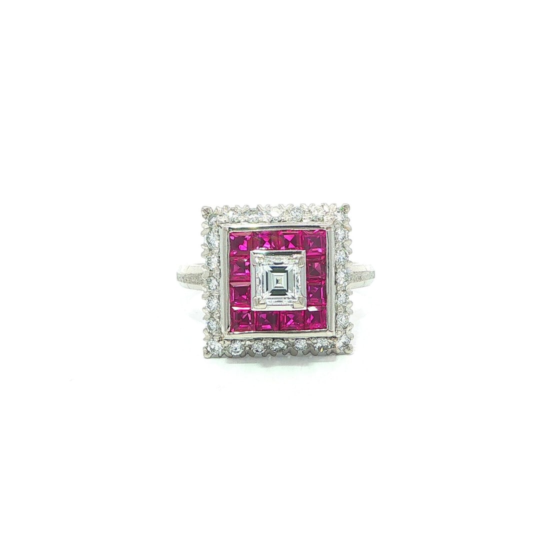Platinum cocktail ring with ruby and diamond tiered pyramid design (1 of 13)