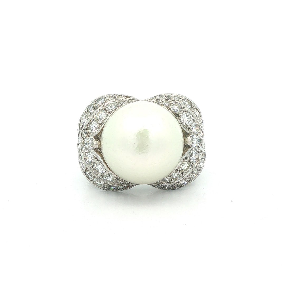 GIA Pearl Diamond Floral Cocktail Ring 18k White Gold Platinum 14.36mm: GIA Pearl Diamond Floral Cocktail Ring 18k White Gold Platinum 14.36mm This vintage cocktail ring features a certified 14.36mm South Sea cultured pearl with a white body color and pink overtone, set i