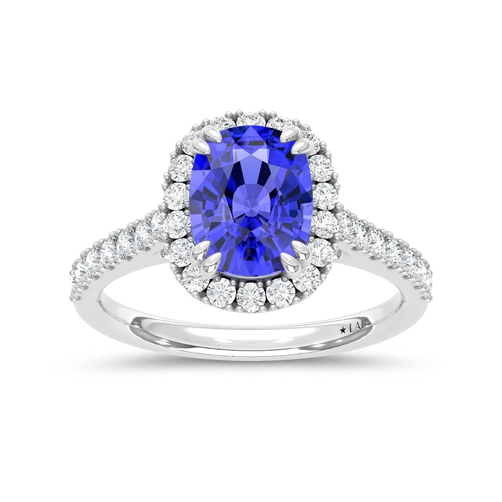 14K White Gold Lab Grown Diamond 3 5/8 Ct.Tw. Cushion Shape Recrystalized Blue Sapphire Engagement: 14K White Gold Lab Grown Diamond 3 5/8 Ct.Tw. Cushion Shape Recrystalized Blue Sapphire Engagement Ring (Center 3 ct) Exude timeless elegance with this 14K white gold engagement ring. Its centerpiece 
