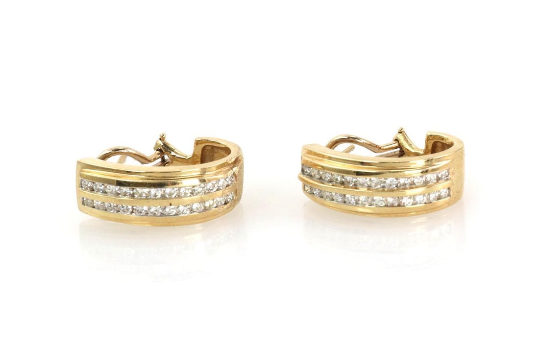 14k Yellow Gold Diamond Oval Half Hoop Earrings 1.00ct Pair: 14k Yellow Gold Diamond Oval Half Hoop Earrings 1.00ct Pair Elegant and timeless, these oval half hoop earrings are crafted from 14k yellow gold, showcasing a wide curved front adorned with two rows o