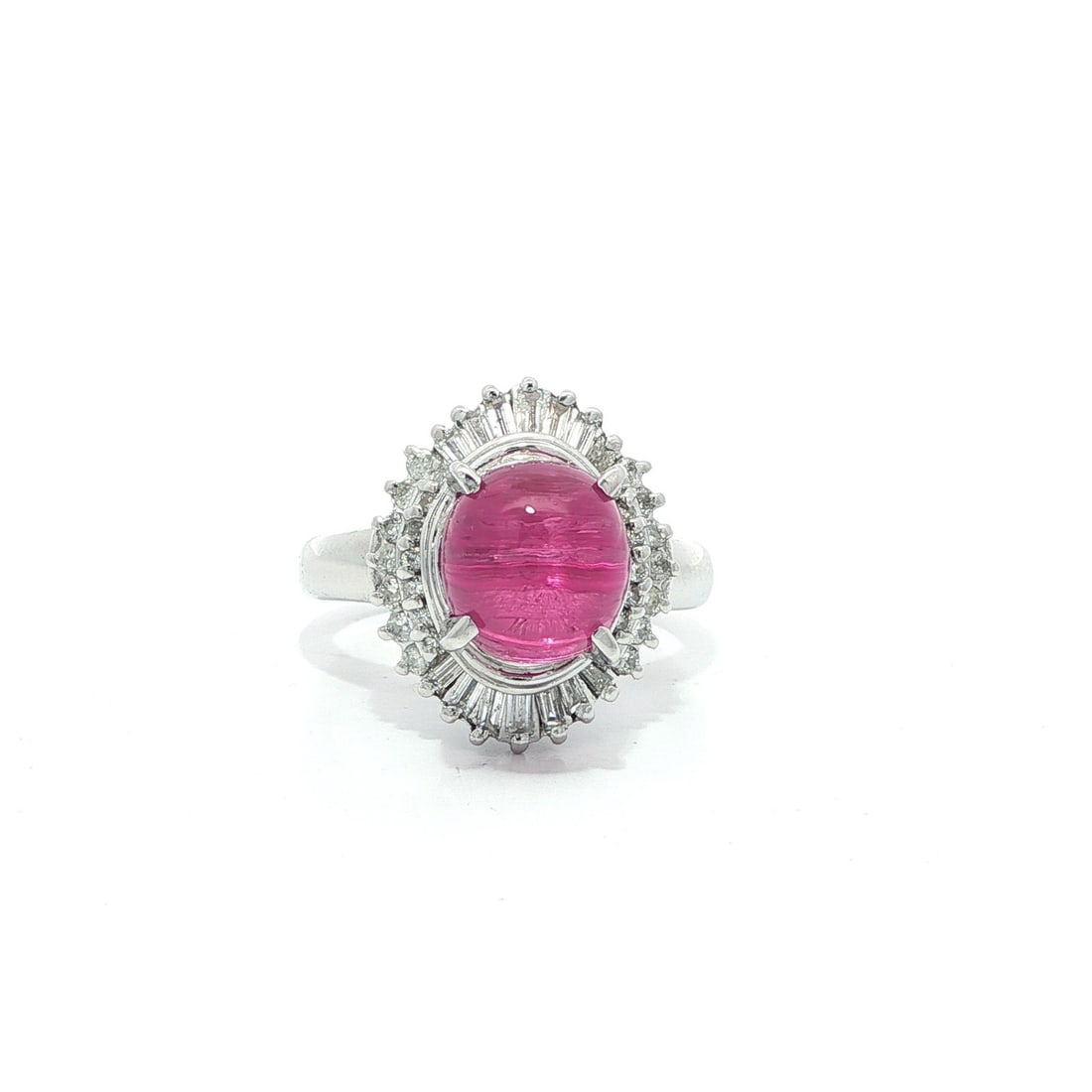 Platinum 3.58ct Cat's Eye Pink Tourmaline Diamond Ballerina Ring: Platinum 3.58ct Cat's Eye Pink Tourmaline Diamond Ballerina Ring This exquisite cocktail ring showcases a stunning natural genuine tourmaline at its center, featuring a vibrant pink hue and a captivat