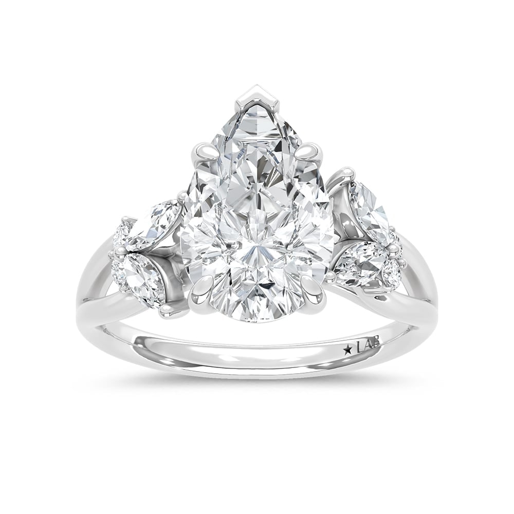 14K White Gold Lab Grown Diamond 2 1/3 Ct.Tw. Pear Shape Engagement Ring (Center 3 ct): 14K White Gold Lab Grown Diamond 2 1/3 Ct.Tw. Pear Shape Engagement Ring (Center 3 ct) 14k White Gold Stone Color: D-f Stone Clarity: Vs Each ring is presented in standard size 6.5. Complimentary resi