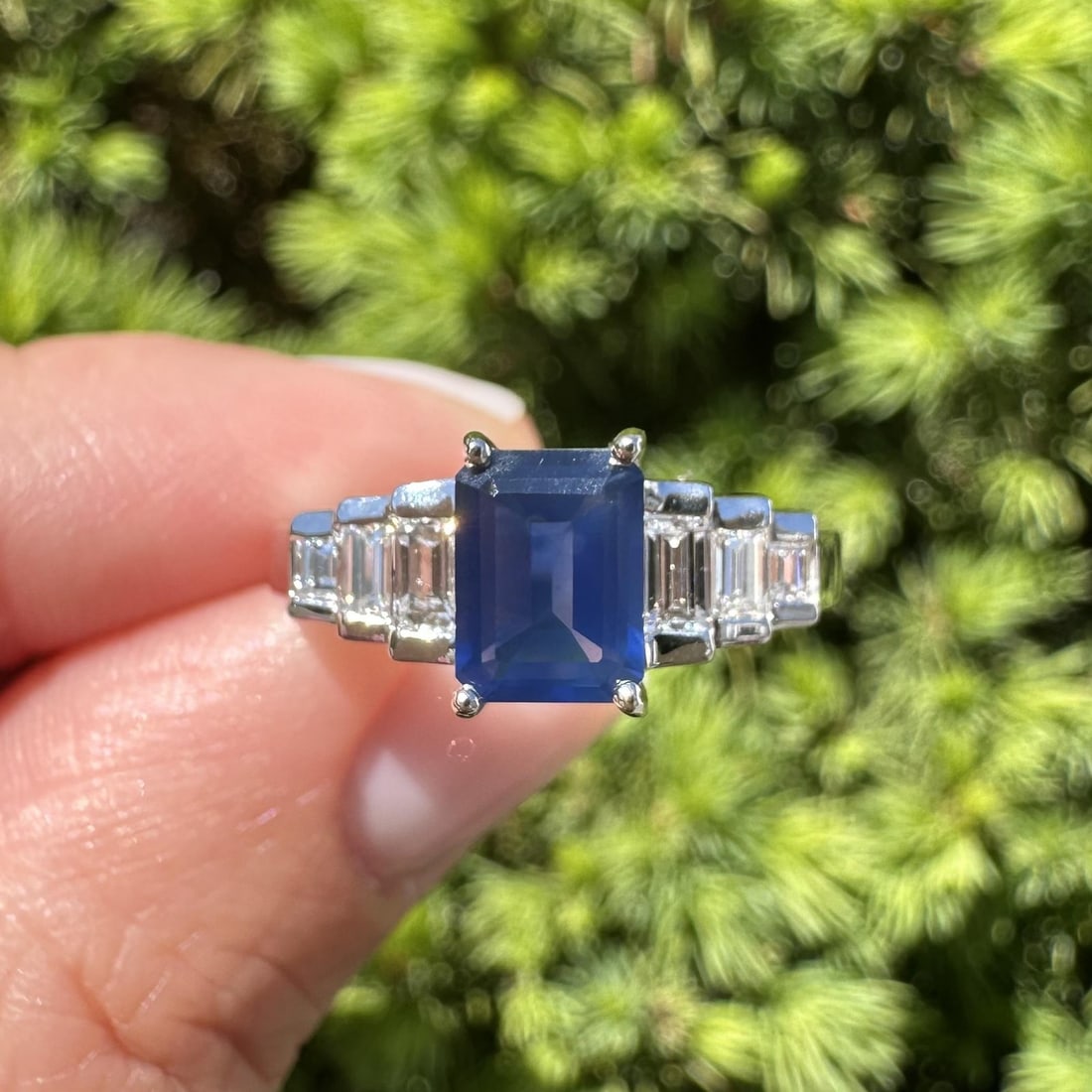 18k White Gold Step Pyramid Ring with Emerald Cut Sapphire and Baguette Diamonds