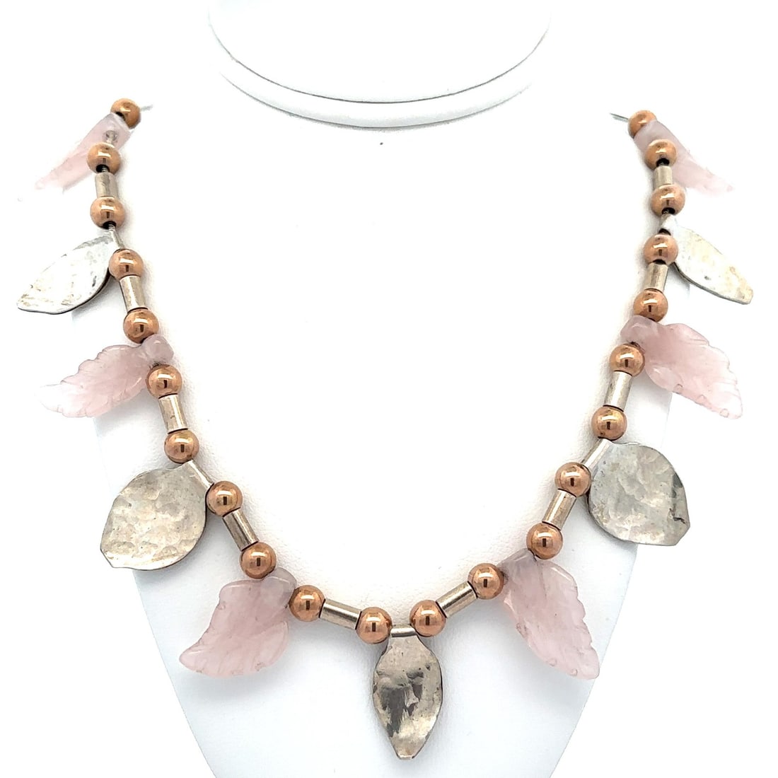 Sterling Silver Rose Gold Filled 20.5 Inch Quartz Leaf Necklace: Sterling Silver Rose Gold Filled 20.5 Inch Quartz Leaf Necklace This exquisite necklace features a stunning design with six natural genuine rose quartz carved leaves, each showcasing a soft pink color