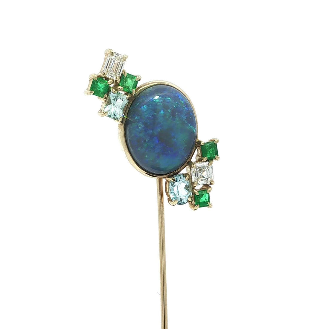 Shahla 14k Yellow Gold Black Opal Emerald Aquamarine Diamond Stick Pin: Shahla 14k Yellow Gold Black Opal Emerald Aquamarine Diamond Stick Pin This exquisite stick pin showcases a stunning array of natural gemstones set in luxurious 14k yellow gold. The focal point is a g