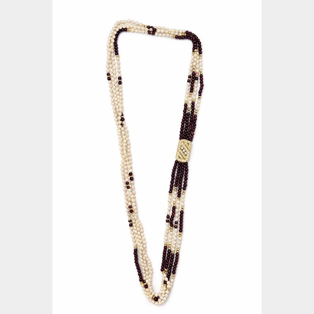 18K Yellow Gold Necklace with Cultured Pearls Garnets and 41 Diamonds 35 Inch: 18K Yellow Gold Necklace with Cultured Pearls Garnets and 41 Diamonds 35 Inch This necklace features cultured pearls and garnets set in 18K yellow gold. It is adorned with 41 diamonds totaling approxi