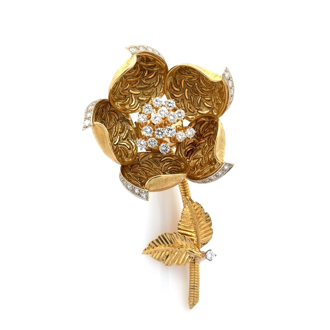 Hammerman diamond rose brooch in 18k yellow gold mechanical bloom: Hammerman diamond rose brooch in 18k yellow gold mechanical bloom Vintage Hammerman Bros. mechanical open rose flower brooch crafted in solid yellow gold and set with natural diamonds. This floral des