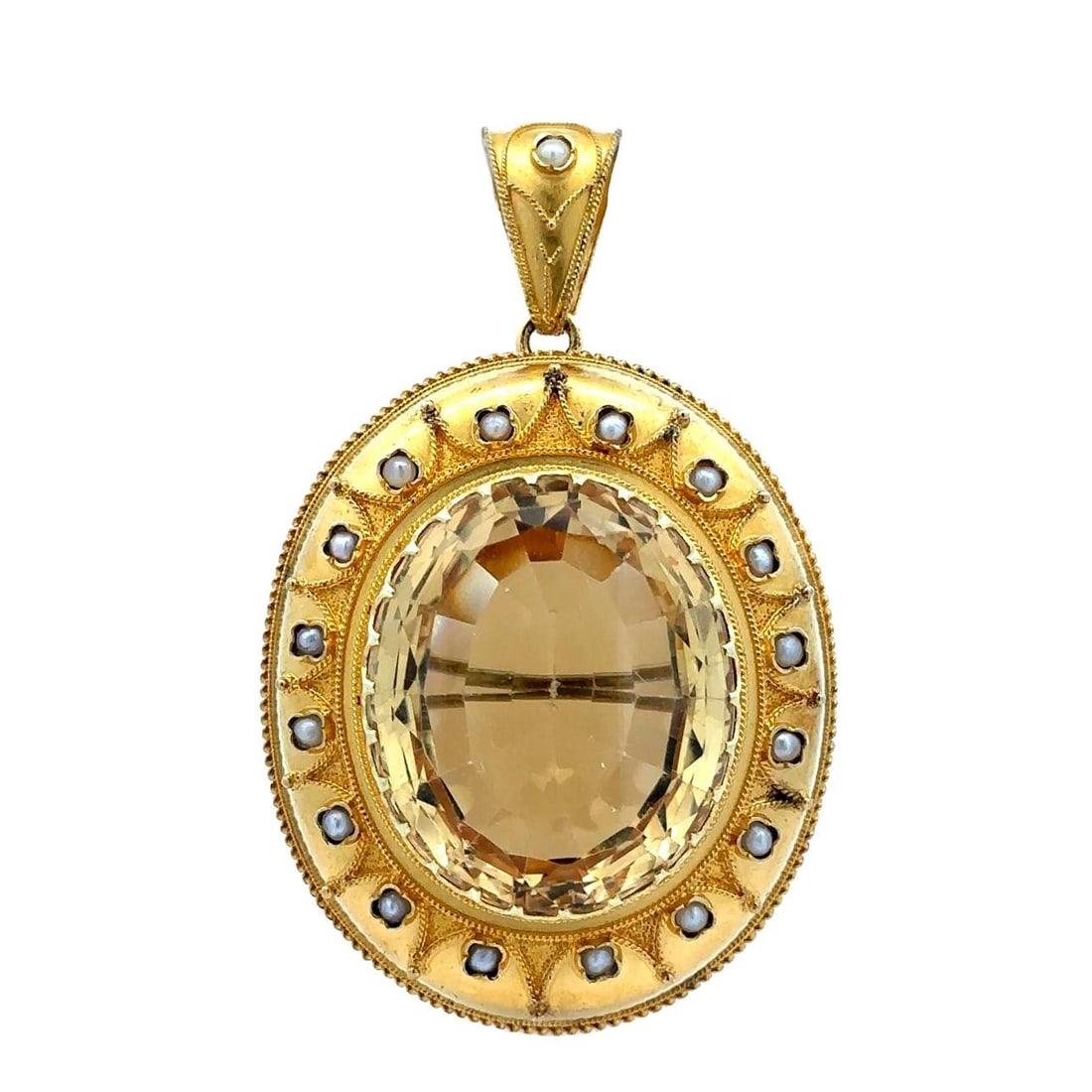 Antique Etruscan Revival 14k Yellow Gold Citrine Pearl Brooch Pendant: Antique Etruscan Revival 14k Yellow Gold Citrine Pearl Brooch Pendant Discover a stunning piece from the Etruscan Revival era, this large antique brooch pendant showcases a captivating natural citrine