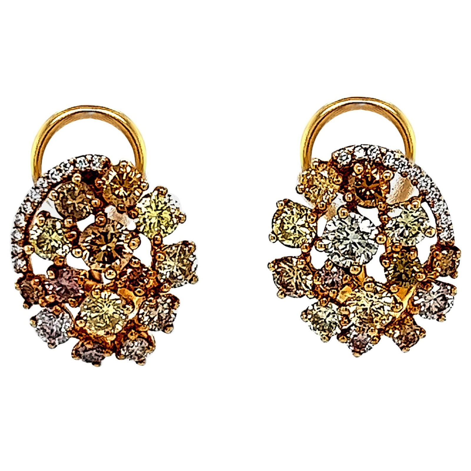 2.36ct Mixed Color Diamond Cluster Earrings in 18k Yellow Gold: 2.36ct Mixed Color Diamond Cluster Earrings in 18k Yellow Gold These stunning mixed color diamond cluster earrings feature a captivating array of 28 round brilliant diamonds totaling 2.28 carats, show