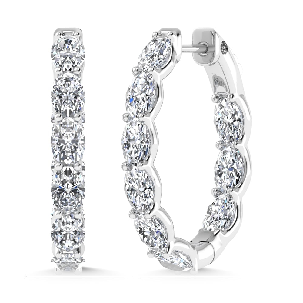 14K White Gold 5 Ct.Tw. Lab Grown Diamond Vertical Oval Shape In and Our Hoop Earrings: 14K White Gold 5 Ct.Tw. Lab Grown Diamond Vertical Oval Shape In and Our Hoop Earrings Glamorous 14K white gold hoops featuring 5 Ct.Tw. lab-grown diamonds in vertical oval shape. 14k White Gold Stone