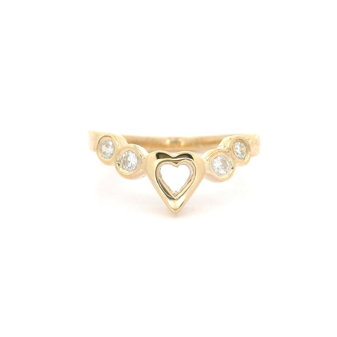 14k Yellow Gold Diamond Open Heart Band Ring 0.10ctw Size 3: 14k Yellow Gold Diamond Open Heart Band Ring 0.10ctw Size 3 This exquisite estate band ring features a charming open heart design crafted from 14k yellow gold. It is adorned with four natural genuine 